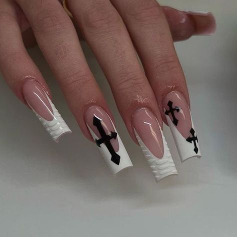 Cross Nails, Punk Nails, Edgy Nails, Beige Nails, Grunge Nails, Girly Acrylic Nails, Cute Nail, Long Square Acrylic Nails, Acrylic Nails Coffin Short