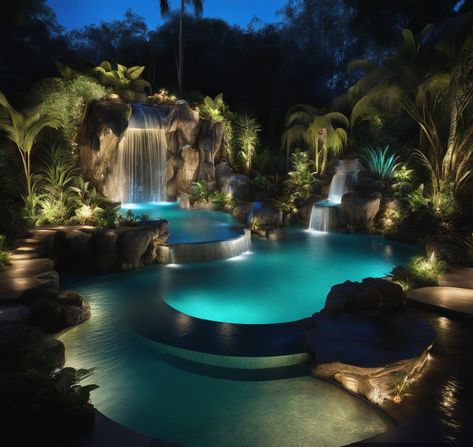 Big Beautiful Backyards, Dreamy Pools, Pool Inside The House, Pool Lagoon, Pools Inside Houses, Infinity Pool With Waterfall, Grotto Design Ideas For Home, Big Backyard Pool, Rich Pool