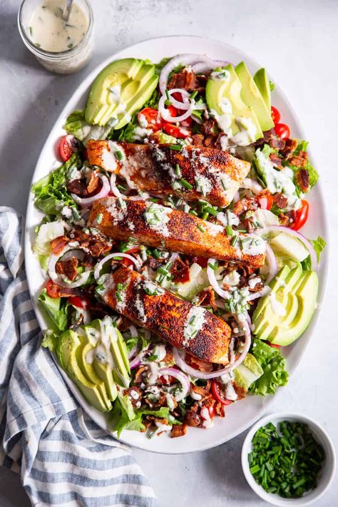 Salmon BLT Salad with Chive Ranch Dressing {Paleo, Whole30, Keto} Aip Dinners, Salmon Blt, Seasoned Salmon, Crispy Chicken Salads, Paleo Running Momma, Paleo Salmon, Clean Dinners, Blt Salad, Whole30 Keto