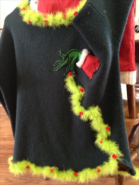 Cute Ugly Christmas Sweater Grinch, Grinch Christmas Sweater Diy, Grinch Ugly Sweater Ideas, Grinch Ugly Sweater Diy, Grinch Sweater Diy, Diy Tacky Christmas Sweater For Kids, Ugly Sweater Diy Ideas, Ugly Christmas Sweater Ideas For Kids, Diy Xmas Sweater