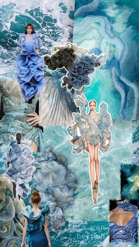 #water #irisvanherpen #art #fashion #bodyadornment #blue #moodboard #artinspo Sea Collection Fashion, Jellyfish Moodboard Fashion, Water Inspired Fashion Mood Board, Ocean Mood Board Fashion, Fashion Illustration Moodboard, Under The Sea Fashion Mood Board, Water In Fashion, Textiles Inspired By Water, Waves Mood Board