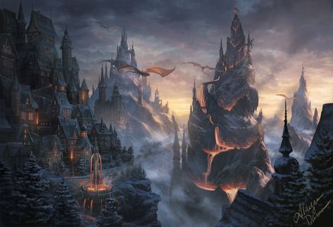 Fantasy City Dragon House Lava Mountain Building Wallpaper Volcano Castle Fantasy Art, Volcano Fantasy City, Plane Of Fire Dnd, Fire City Fantasy Art, Volcano City Fantasy Art, Volcano Castle, Dragon Volcano, Snowy Volcano, Fantasy Volcano