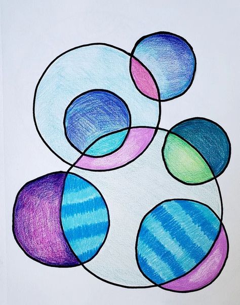 Distance Learning: Overlapping Circles – Art is Basic | An Elementary Art Blog Asymmetrical Drawing Ideas, Circle Project Design, Circle Art Design Ideas, Circle Shapes Design, Overlapping Circles Design, Circle Art Ideas, Shapes Drawing Art, Drawing With Circles, Concentric Circles Art