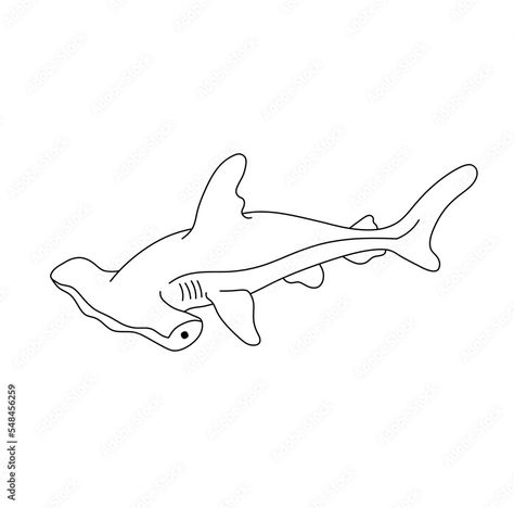 Line drawing of a hammerhead shark Shark Doodle Tattoo, Hammer Head Shark Tattoos Outline, Small Hammerhead Shark Tattoo, Hammer Shark Tattoo, Hammer Head Shark Tattoos, Shark Line Art, Simple Shark Tattoo, Hammer Shark, Hammerhead Shark Tattoo