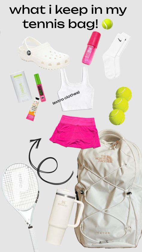 what i keep in my tennis bag! - xx #tennis #tennisvibes #tennisinspo #preppy Tennis Bag Aesthetic, Tennis Outfits Practice, Tennis Bag Essentials, Tennis Essentials, Cute Tennis Outfit, Tennis Core, Tennis Fits, Preppy Shuffles, Athleisure Essentials