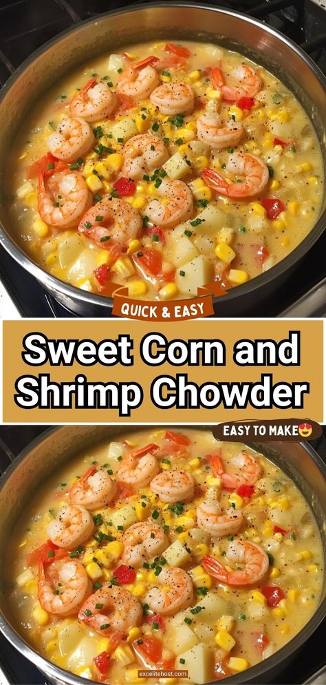 If you’re looking for a meal that combines the sweetness of fresh corn with the delicate flavor of shrimp, this Sweet Corn and Shrimp Chowder is the perfect choice. Creamy, hearty, and packed with fresh ingredients, this chowder is a delightful way to warm up on a chilly evening or impress guests with an elegant appetizer. Corn Chowder With Shrimp, Crockpot Shrimp And Corn Chowder, Crawfish And Corn Chowder, Shrimp And Corn Chowder With Potatoes, Corn Shrimp Chowder, Shrimp Corn Chowder Recipe, Corn And Shrimp Soup, Corn And Shrimp Chowder, Shrimp Chowder Recipe