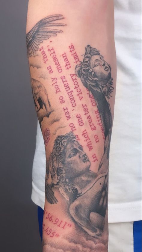 Dope Arm Tats For Women, Word Sleeve Tattoos For Women, Palm Angel Tattoo, 1 Of 1 Tattoo Red Ink, Unique Tattoo Art, Red Tatooes, Dope Tattoos For Women Arm, Watch Over Me Tattoo, Prolific Tattoo