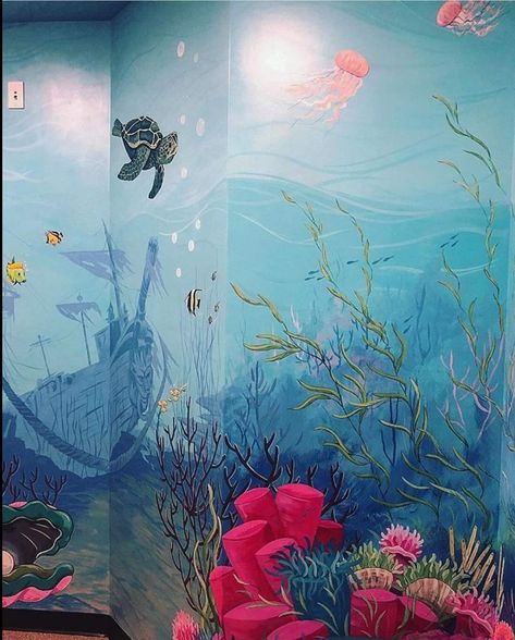 Underwater Wall Painting, Ocean Themed Mural, Underwater Mural Painting, Under Water Mural, Underwater Mural, Under The Sea Mural, Undersea Mural, Fishing Nursery Theme, Underwater Bedroom