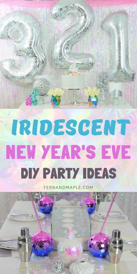 Create a futuristic and glamorous iridescent New Year's Eve Party with ideas for DIY decor, place settings, backdrop and more. Get details now at fernandmaple.com! Iridescent Party Decorations Diy, Nye Party Ideas, Futuristic Party, Place Setting Ideas, New Year's Eve Crafts, Kids New Years Eve, Iridescent Party, Party Tablescapes, New Year's Eve Recipes