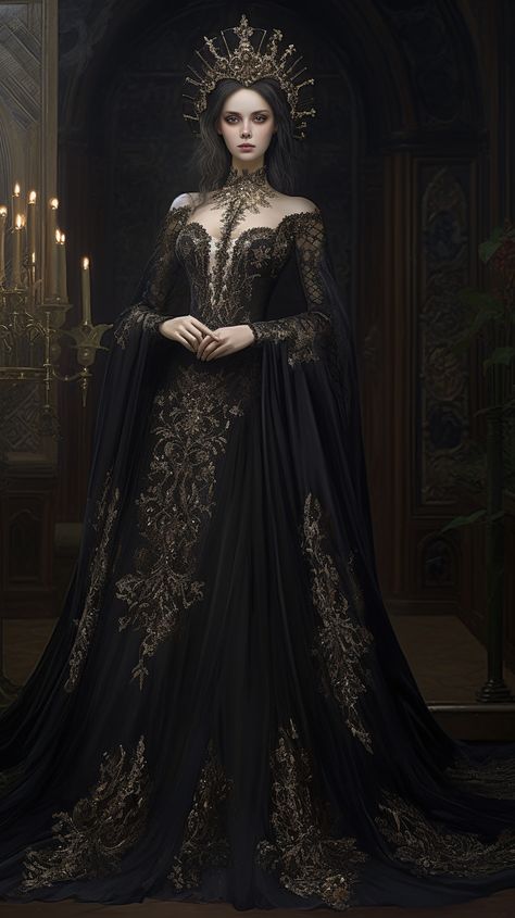 Elegant Queen Aesthetic, Evil Queen Ball Gowns, Queen Style Dress, Evil Queen Gown, High Lady Of The Night Court Dress, Black And Gold Fantasy Outfit, Empress Dress Gowns, Dark Medieval Dress, Black Dress Fantasy Gowns