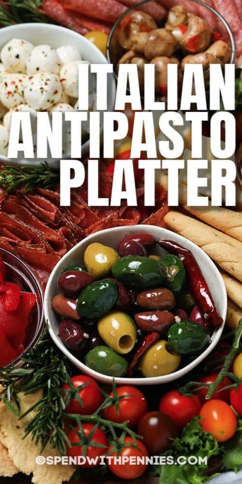 An Antipasto Platter is sure to impress your guests and keep them full! Let them choose their favorite meats, cheeses, and olives to go along with their favorite wine! #spendwithpennies #antipastoplatter #recipe #appetizer #italian #best Antipasto Platter Italian, Best Spinach Artichoke Dip, Colorful Recipes, Italian Antipasto, Marinated Vegetables, Antipasto Salad, Antipasto Platter, Charcuterie Platter, Charcuterie Recipes