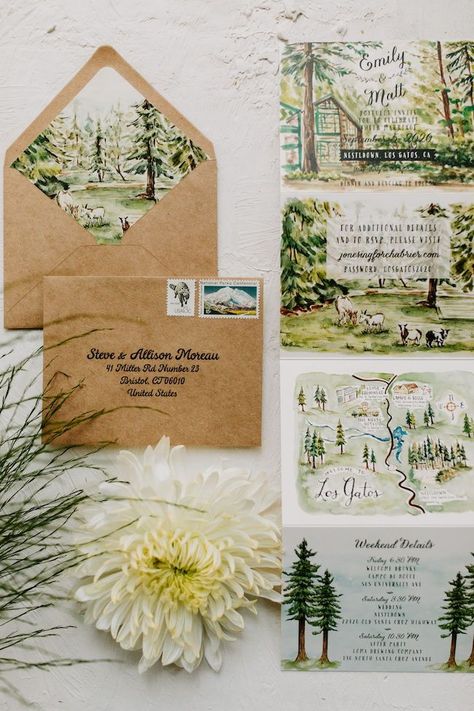 Diy Watercolor Wedding Invitations, Cottage Wedding Invitations, Painted Wedding Invites, Gouache Wedding Invitation, Watercolor Map Wedding, Cottage Core Wedding Invites, Watercolor Envelope Liner, Hand Painted Wedding Invites, Wedding Invite Map