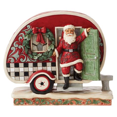 Highland Glen Santa Camper Figurine by Jim Shore 6012863 Resin Packaging, Classic Campers, Charmed Characters, Holiday Icon, Teardrop Camper, The North Pole, Jim Shore, January 2023, Christmas Figurines