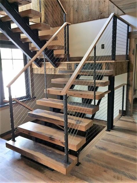 Staircase Styles: What You Need to Know to Step it Up - Decor Steals Blog Staircase With Cable Railing, Modern Cabin Stairs, Interior Cable Railing Ideas, Cable Staircase Railing, Stairs With Cable Railing, Cable Railing Staircase, Beam Staircase, Wooden Staircase Design, Farmhouse Stairs