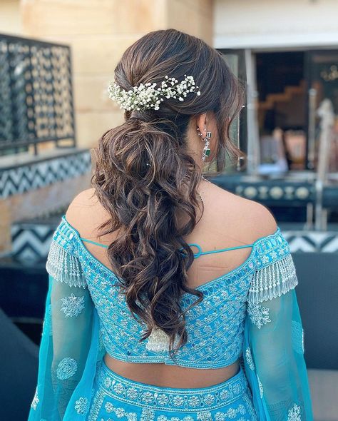 High ponytail  Hairstyles for Girls Messy Plaits Hairstyles Indian, Ponytail Hairstyles For Wedding Indian, Pony Hairstyle For Lehenga, Pony Hairstyle On Lehenga, Sangeet Pony Hairstyle, Pony With Saree, High Pony Hairstyles Wedding Indian, Messy Front Hairstyles, Bridal Hair Bun Indian Wedding