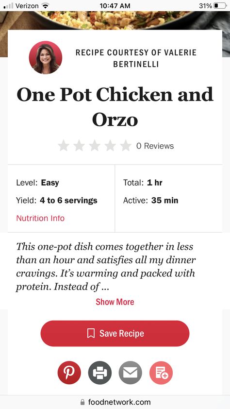 Valerie Bertinelli, One Pot Chicken, One Pot Dishes, One Pot, Orzo, Save Food, Nutrition, Chicken, 10 Things