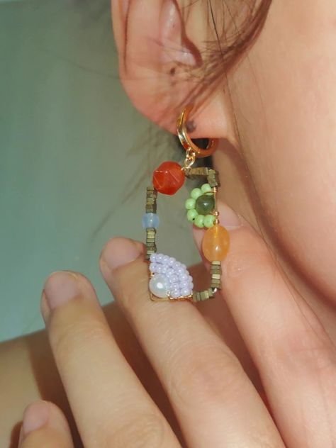 「Chinoiserie」Natural Jade Square Earrings | Three Fleas Beading Earring, Architecture Paintings, Miyuki Earrings, Beads Accessories, Classical Architecture, Funky Jewelry, Nature Inspired Jewelry, Jewelry Lookbook, Beaded Accessories