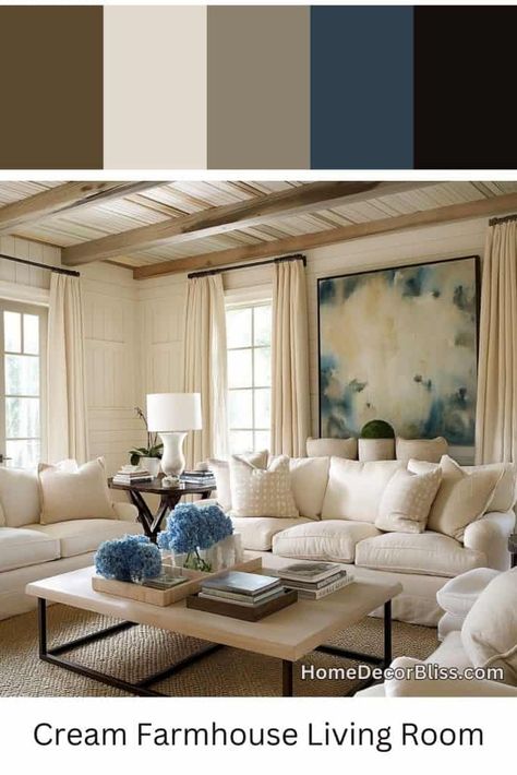 Cozy Farmhouse Living Room Concept with Cream and Blue Accents Neutral Living Room Pops Of Color, Nuetral Pallete Living Room With Blue, Navy Blue And Cream Living Room, Cream And Blue Living Room, Living Room Blue Accents, Cozy Blue Living Room, Blue And Beige Living Room, Creamy Color Palette, Blue Accents Living Room