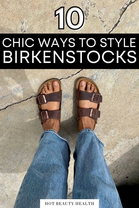 birkenstocks How To Style Brown Sandals, Jean Shorts And Birkenstocks Outfit, Styling Birkenstocks Outfits, Birkenstock Sandals Fall Outfit, Birkenstock With Joggers, Chic Birkenstock Outfit, Women Birkenstock Outfit, Yellow Birkenstock Outfit, Leather Birkenstocks Outfit