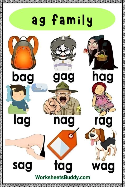 AG Word Family Worksheets For Kindergarten Ag Family Words Worksheet, Ag Words Worksheets, Ag Family Words, Ag Words, Word Family Worksheets Free, Ag Word Family, Phonics Games Kindergarten, Letter W Activities, Games Kindergarten