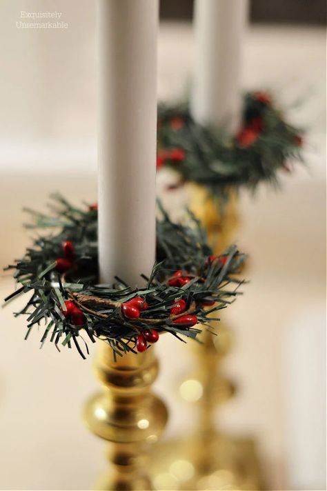 Taper Candle Rings Candle Rings For Tapers, Diy Taper Candle Holders Simple, How To Make A Candle Ring, Christmas Candelabra Ideas, Christmas Candlesticks Diy, Decorating Candle Holders, Diy Candle Ring, Taper Candle Decor, Christmas Candle Sticks