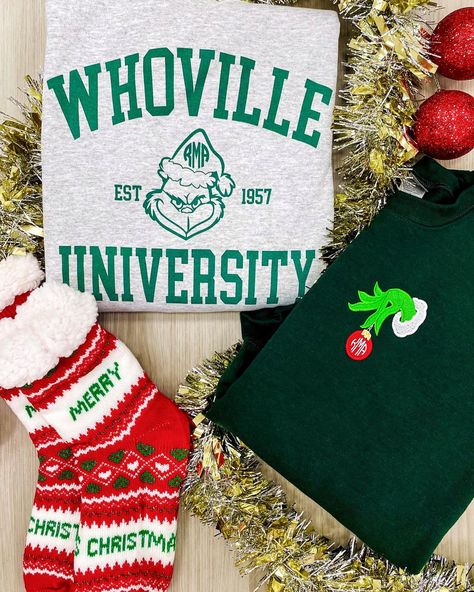 This cute, cozy, comfortable, classy, christmas crewneck sweatshirt will be a hit this holiday season! Don't be a grinch, spread holiday cheer The Grinch Whoville, Christmas Sweatshirt Ideas, Grinch Hand, Grinch Hands, Christmas Crewneck Sweatshirt, Ugly Christmas Sweaters, Classy Christmas, Cute Shirt Designs, Christmas Crewneck