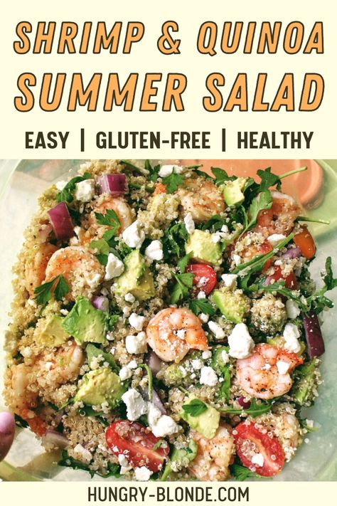 This delicious shrimp and quinoa salad is the perfect easy summer dinner or appetizer to bring to a BBQ! Loaded with shrimp, avocado, and feta, this salad idea is light and flavorful. This healthy dinner recipe or lunch idea is also gluten-free and travels well, so bring on your next picnic or cookout! #glutenfreerecipes #summerdinnerrecipes Shrimp Quinoa Salad, Quinoa And Shrimp Recipes, Shrimp Quinoa Recipes, Summer Shrimp Dinner, Shrimp Salad Recipes Healthy, Quinoa Salad Recipes Cold, Bring To A Bbq, Shrimp Quinoa Bowl, Shrimp Quinoa