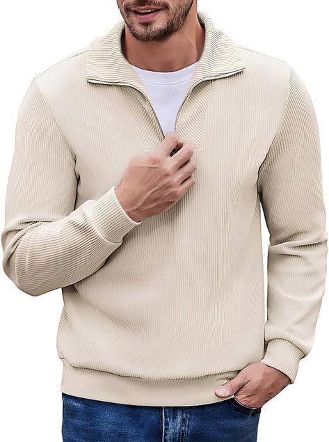 COOFANDY Men's Quarter Zip Up Pullover in corduroy fabric, featuring a slim fit, mock neck design, and long sleeves, perfect for casual wear. Corduroy Texture, Zip Up Pullover, Long Sleeve Sweaters, Mens Quarter Zip, Mock Neck Sweatshirt, Polo Sweatshirt, Mock Neck Long Sleeve, Slim Fit Men, Fall Outfit