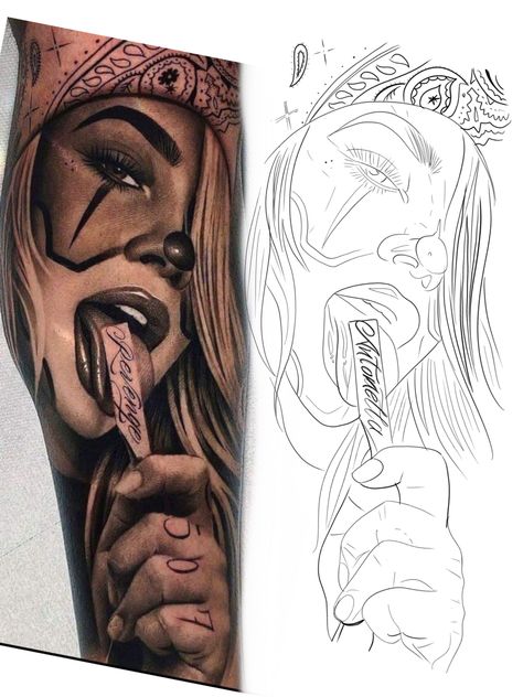 #chicana #tattoo Chicana Tattoo Ideas, Evil Woman Tattoo, Chicano Style Tattoo Design, Realism Tattoo Stencil, Chicana Tattoo Design, Chicano Art Drawings Sketches, Payasa Tattoo, Chicanas Tattoo, Chicano Tattoos Sleeve