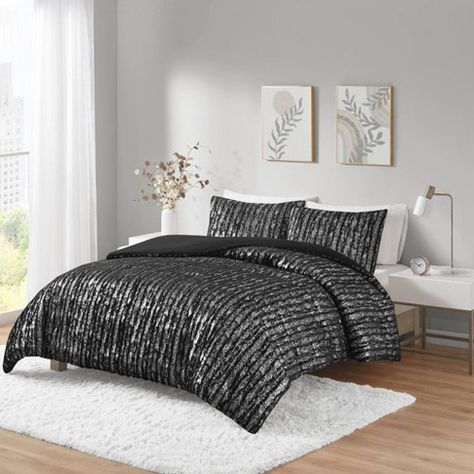 Madelyn Metallic Print Faux Fur Comforter Set - Intelligent Design Black Silver Metalic Bedding Sets, Faux Fur Comforter, Fur Comforter, Fluffy Comforter, Twin Xl Duvet Covers, Metallic Design, King Comforter Sets, Queen Comforter Sets, Metallic Prints