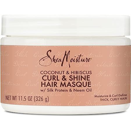 SheaMoisture's Curl & Shine hydrating hair mask is blended with Fair Trade Organic Shea butter to moisturize and soften naturally curly hair or color treated hair SheaMoisture's Curl & Shine hair masks combine Shea Butter with Coconut Oil and Neem Oil to offer shine and definition to naturally curly hair; it's also the best hair mask color treated hair Shea Moisture Coconut, Coconut Hibiscus, Enhance Natural Curls, Best Hair Mask, Shine Hair, Dry Brittle Hair, Hydrating Hair Mask, Shea Moisture, Raw Shea Butter