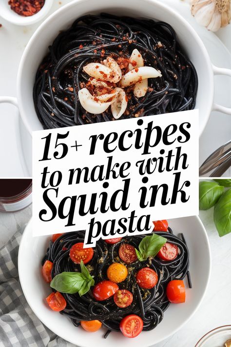 Unleash your culinary skills with squid ink pasta! These tasty recipes will wow your friends and make every meal special. From seafood delights to creamy sauces each dish is bursting with flavor. Perfect for dinner parties or fun gatherings. Explore this unique ingredient and impress everyone at the table! Squid Ink Noodles Recipe, Squid Ink Pasta With Crab, Squid Ink Pasta Recipe Sauces, Squid Ink Pasta Dishes, Octopus Pasta, Squid Ink Pasta Recipe, Squid Pasta, Rigatoni Pasta Recipes, Squid Ink Spaghetti