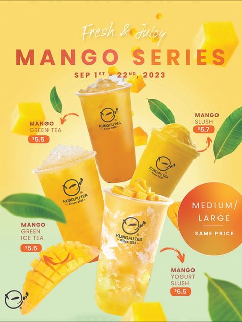 Mango Lover awaits!🥭💛🍵🥤 Sep 1st to 22nd, 2023 . 🙌🏻 #kungfuteamangoseries Any Size (Medium or Large) 💛 𝐌𝐚𝐧𝐠𝐨 Green Tea $5.5 💛 𝐌𝐚𝐧𝐠𝐨 Green Ice Tea $5.5 💛 𝐌𝐚𝐧𝐠𝐨 Slush $5.7 💛 𝐌𝐚𝐧𝐠𝐨 Yogurt Slush $6.5 𝗧𝗲𝗿𝗺𝘀 𝗮𝗻𝗱 𝗰𝗼𝗻𝗱𝗶𝘁𝗶𝗼𝗻𝘀: See IG post for details. https://www.instagram.com/p/CwlYasWK0HV/?utm_source=ig_web_copy_link&igshid=MzRlODBiNWFlZA== All pictures shown are for illustration purposes only. Actual products may vary due to product enhancement. Mango Slush, Juice Bar Interior, Bubble Tea Menu, Mango Yogurt, Mango Green Tea, Mango Tea, Menu Design Inspiration, Mango Drinks, Food Videography