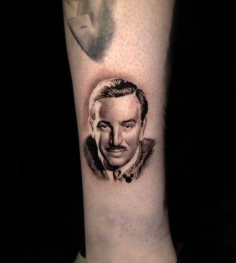 Walt Disney Micro Portrait Tattoo by Pony Lawson Walt Disney Portrait Tattoo, Walt Disney Tattoo, Micro Realism, Minimal Portrait, Mini Portrait, Portrait Realistic, Realism Tattoos, Tattoos Inspo, Parent Tattoos