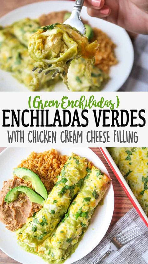 These Green Enchiladas are creamy, cheesy & full of flavor! Stuffed with chicken, cream cheese, shredded cheese, and fire roasted green chiles. The green enchilada sauce is made using a batch of homemade tomatillo Salsa Verde (or store-bought), that's been cooked in just a bit of oil and broth. So easy! Click the link to get the full detailed recipe and video! #mexicanfoodrecipes #enchiladas #chickenenchiladas #salsaverde #chickenfoodrecipes #easyrecipe Enchiladas Beef, Chicken Enchiladas Verde, Green Enchiladas, Chicken Cream Cheese, Enchiladas Chicken, Green Chicken Enchiladas, Homemade Salsa Verde, Mexican Side Dishes, Easy Enchiladas