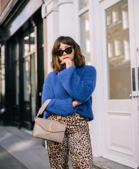 Samantha Maria Makeup Bag Cost: Sammi wearing blue jumper and leopard trousers Jumper Outfit Women, Blue Jumper Outfit, Sammi Maria, Jumper Dress Outfit, Leopard Trousers, Women's Professional Clothing, Women's Work Clothes, Travel Careers, Leopard Print Outfits