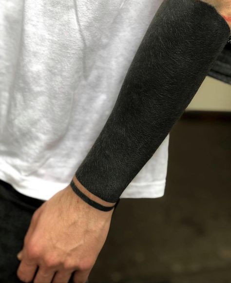 Blacked Out Forearm Tattoo, Solid Black Arm Tattoo, All Black Arm Tattoo, Black Out Wrist Tattoo, Black Out Forearm Tattoo, Wristband Tattoos Men, Blacked Out Arm Tattoo, Forearm Blackout Tattoo, Blackout Forearm Tattoo