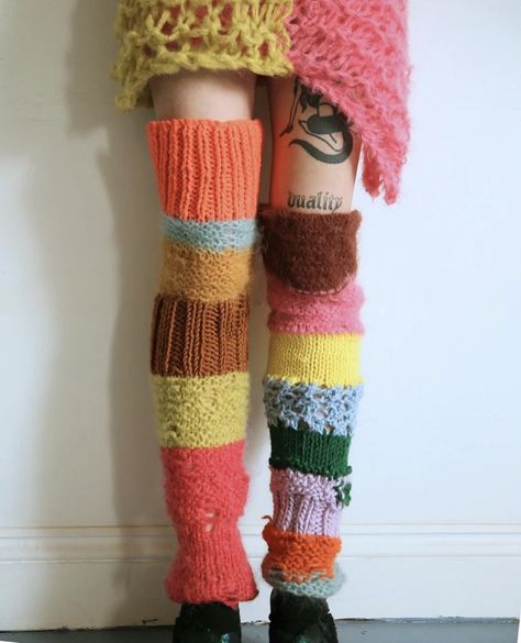 Funky Leg Warmers, Colorful Leg Warmers, Tweecore Outfits, Funky Clothes Aesthetic, Quirky Knitwear, Quirky Aesthetic, Quirky Clothes, Funky Clothes, Sick Clothes