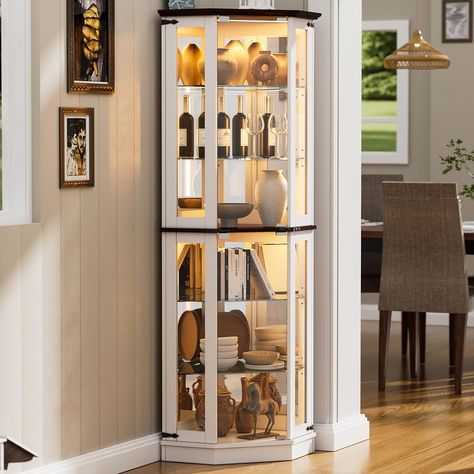 PAKASEPT 71'' Farmhouse Display Curio Cabinet with LED Lights,Tempered Glass Doors,6 Shelves,Floor Standing Display Cage Corner Wine Cabinet Storage Rack for Bar and Liquor Storage,White Corner Wine Cabinet, Liquor Storage, Standing Display, Glass Cabinets Display, Corner Storage, Tempered Glass Door, Door Shelves, Curio Cabinet, Wood Sideboard