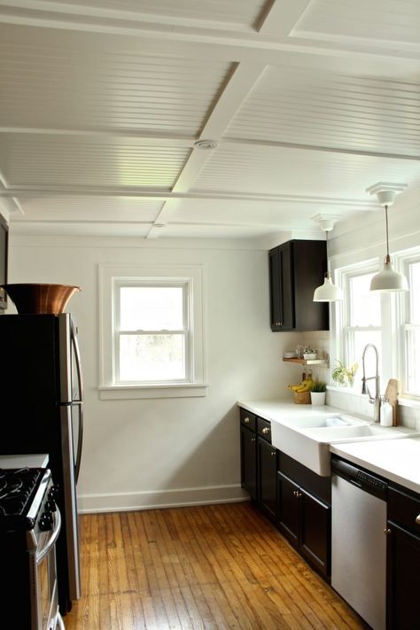 DIY-beadboard-kitchen-ceiling-via-Lifestyle-and-Design-Online-Remodelista Beadboard Ceiling Kitchen, Stylish Basement, Wood Basement, Beadboard Kitchen, Diy Beadboard, Ceiling Remodel, Kitchen Ceiling Design, Ceiling Kitchen, Beadboard Ceiling