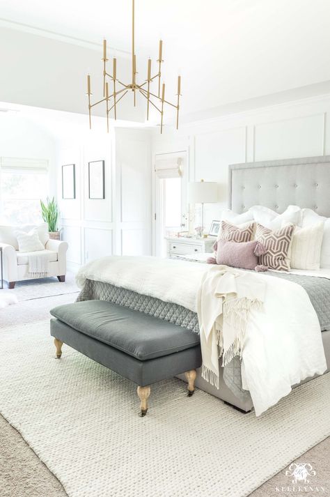 How to mix and match bedroom furniture in a master retreat without buying an entire matching bedroom set- tips, tricks and where to start! #bedroomdecor #bedroomdesign #masterbedroom #bedroomideas #tuftedheadboard #neutralbedroom #whitebedroom #relaxingbedroom #bedroomlight Gray Tufted Bed, New Room Design, Beautiful Bedrooms Master, Dekorasi Kamar Tidur, Gray Bedroom, Trendy Bedroom, Blue Bedroom, Master Bedrooms Decor, Beautiful Bedrooms