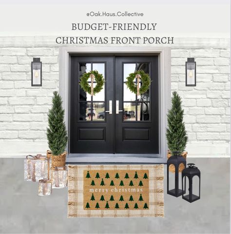 As requested, I created a budget friendly design of my original Christmas Front porch! You can get the look for less here! Affordable Christmas Decor, Christmas front porch, holiday front porch, Christmas outdoor decorations, Christmas decorations, Holiday outdoor decorations, Holiday decorations, budget friendly Christmas decor, faux cedar trees, outdoor trees, outdoor mat, outdoor laterns, outdoor pre-lit decor, outdoor planters, storage basket planters, DIY Christmas wreath, Holiday wreath, minimalist holiday decor, minimalist Christmas wreath Follow my shop @Oak.Haus.Collective on the @shop.LTK app to shop this post and get my exclusive app-only content! #liketkit #LTKHoliday #LTKSeasonal #LTKhome @shop.ltk https://liketk.it/4omMX Outdoor Christmas Tree On Porch, Townhouse Christmas Decor Outdoor, Apartment Porch Christmas Decor, Holiday Outdoor Decorations, Minimalist Christmas Wreath, Outdoor Decorations Christmas, Holiday Front Porch, Affordable Christmas Decor, Apartment Porch