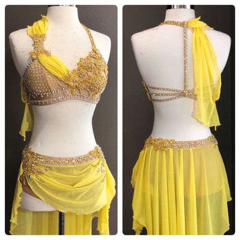 Yellow Contemporary Dance Costume, Yellow Dance Costume Lyrical, Yellow Lyrical Dance Costumes, Dance Costumes Yellow, Yellow Dance Costume, Bellydance Photoshoot, Contemporary Dance Outfits, Belly Dancer Outfits, Solo Dance Costumes