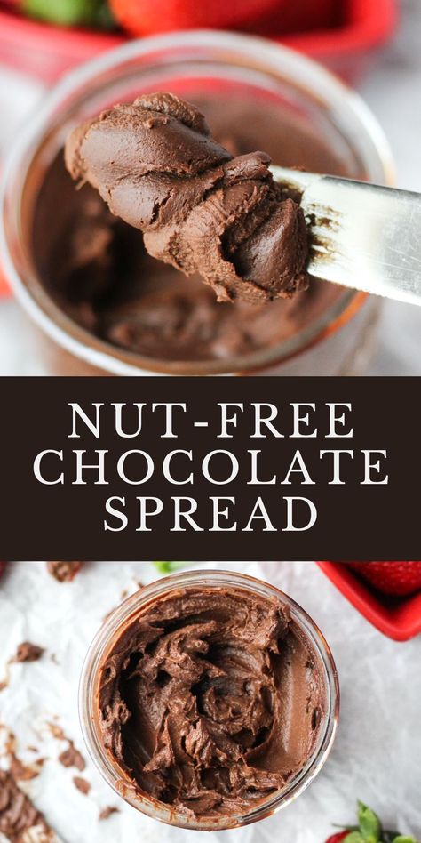 30 minutes · Vegan Gluten free Paleo · Serves 16 · If you’re like me, you probably love the taste of the oh so popular chocolate spread Nutella, but don’t love all the unnecessary sugar or long list of ingredients. This rich and creamy Nut Free Chocolate Spread is the perfect alternative! You only need four simple ingredients for this recipe, and less than 30 minutes to make it! Great for anyone who is dairy-free, nut-free, or Vegan! Nut Free Butter, Nut Free Nutella Recipe, Chocolate Spread Recipe, Paleo Dips, Nutella Recipe, Vegan Spread, Sunflower Butter, Nut Free Recipes, Chocolate Spread