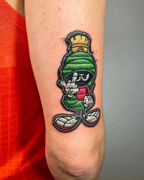 Marvin The Martian Tattoo Ideas, Patched Tattoo, Marvin The Martian Tattoo, Embroidery Tattoo Ideas, Floral Mandala Tattoo Sleeve, Cybersigilism Tattoo Design, Patch Tattoos, Embroidery Tattoos, Cybersigilism Tattoo