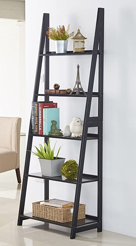 Black Ladder Shelf, Ladder Shelf Decor, A Frame Ladder, Ladder Display, Dvd Shelves, Black Shelf, Ladder Bookshelf, Open Bookshelves, Black Shelves