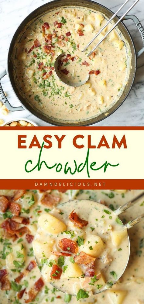 A budget-friendly family dinner idea for tonight! It's the perfect comfort food for any kind of weather. Unbelievably creamy and flavorful, this easy homemade clam chowder recipe is the BEST! Easy New England Clam Chowder, Canned Clam Chowder Recipe, Clam Chowder Recipe New England Easy, Clam Chowder With Canned Clams, Clam Chowder Easy, Clam Chowder Recipe, New England Clam Chowder, Chowder Soup, Chowder Recipe