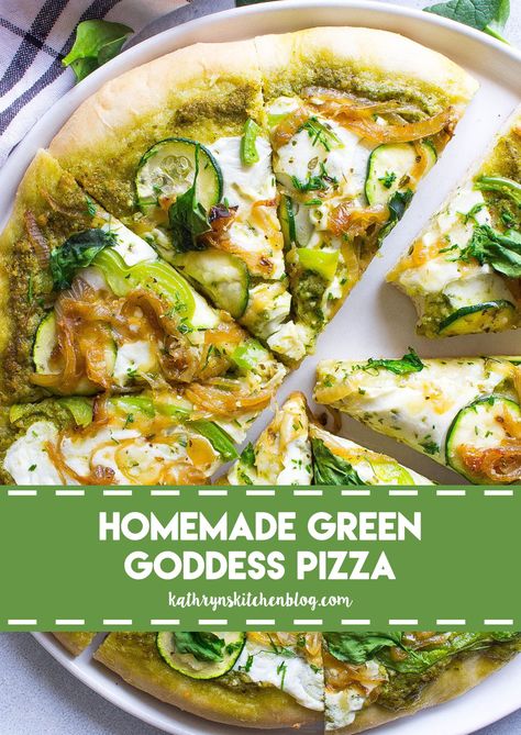 Homemade Green Goddess Pizza - Kathryn's Kitchen Blog - Food Blogger - Meal prep - Healthy Pizza - Best Food Blogger Recipes - Easy Homemade Pizza Ideas - Best Foodie meals Homemade Pizza Ideas, Avocado Pizza, Green Pizza, Healthy Pizza Recipes, Pizza Ideas, Green Pesto, Easy Homemade Pizza, Vegetarian Pizza, Healthy Pizza