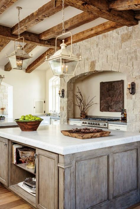 European Farmhouse Kitchen, Island Kitchens, French Farmhouse Kitchen, Mediterranean Kitchen, Kitchens Ideas, Decorating Kitchen, Cabin Kitchens, Farmhouse Kitchen Design, Kitchen Ceiling