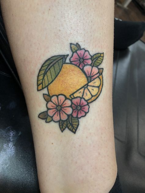 Simple Flower Tattoo Color, American Traditional Fruit Tattoo, Lime Tatoos, American Traditional Fruit, Simple Fruit Tattoo, Traditional Lemon Tattoo, Orange Tattoo Black And White, Traditional Fruit Tattoo, Grapefruit Tattoo